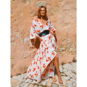 Reformation The Collection 100% Silk Floral Maxi Dress White Red M 62” Long